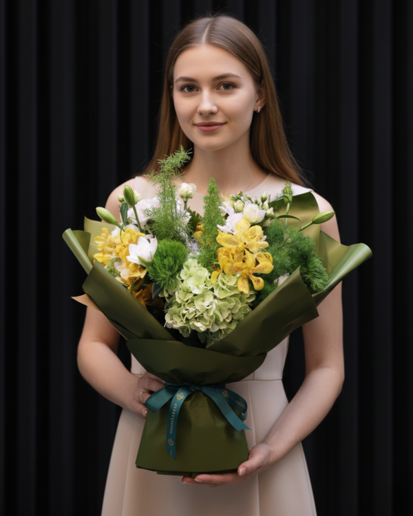 Golden Serenity – Luxury Yellow & White Flower Bouquet