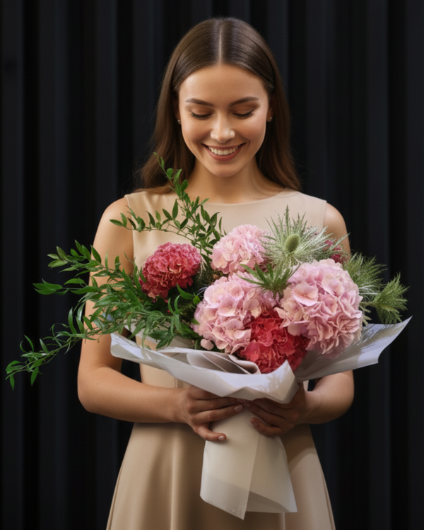 Amethyst Whisper – Hydrangea & Eryngium Hand-Tied Bouquet