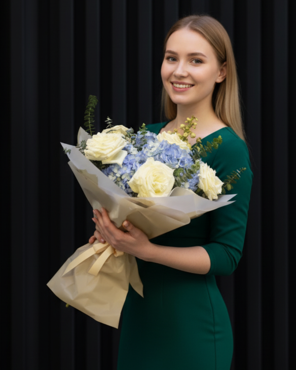 Blue Delphinium & White Rose Hand-Tied Bouquet