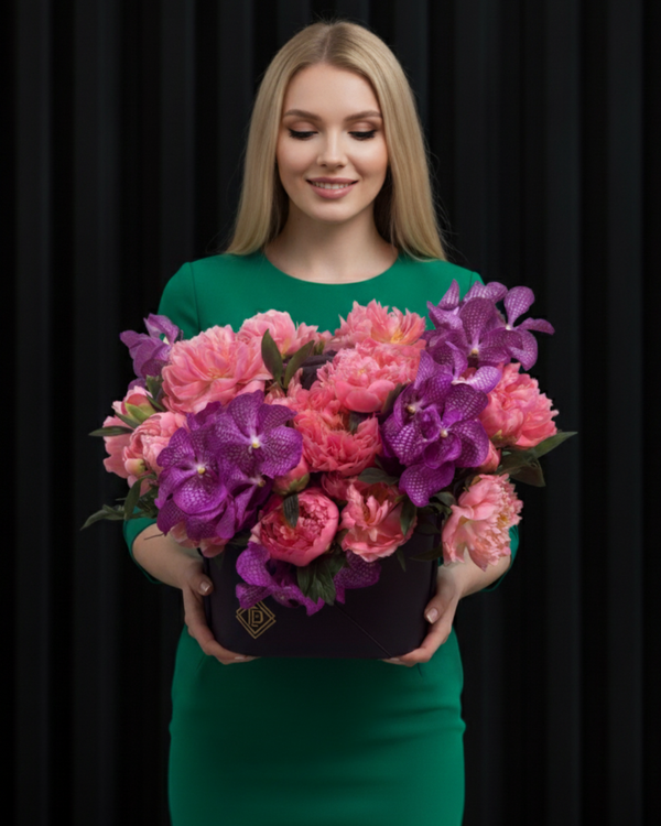 Signature Leather Bag with Coral Peonies & Vanda Orchids