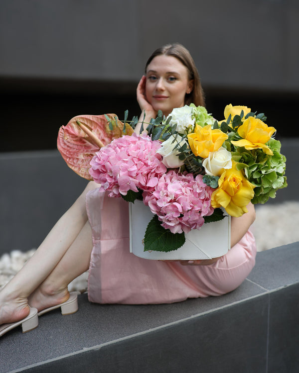Signature White Bag with Hydrangea, Roses & Anthurium – Mini & Grand