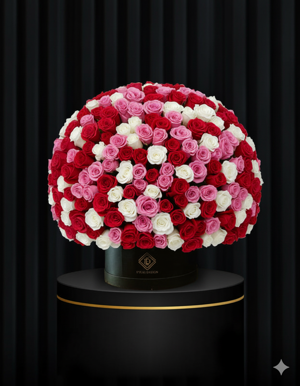 Luxury 365 Mixed Rose Hatbox (Red, White & Pink Roses)