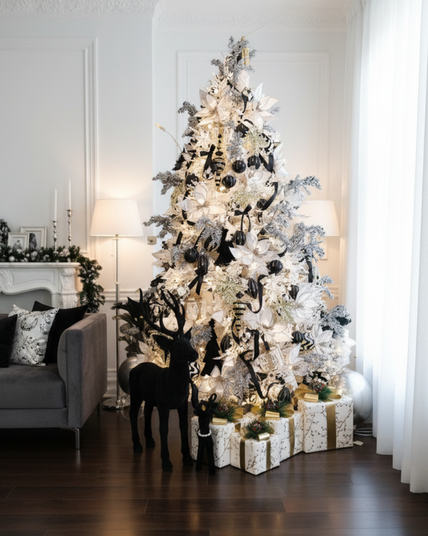 Elegant Black & White Glamour Christmas Tree with Professional Arrangement - 2.1m Height