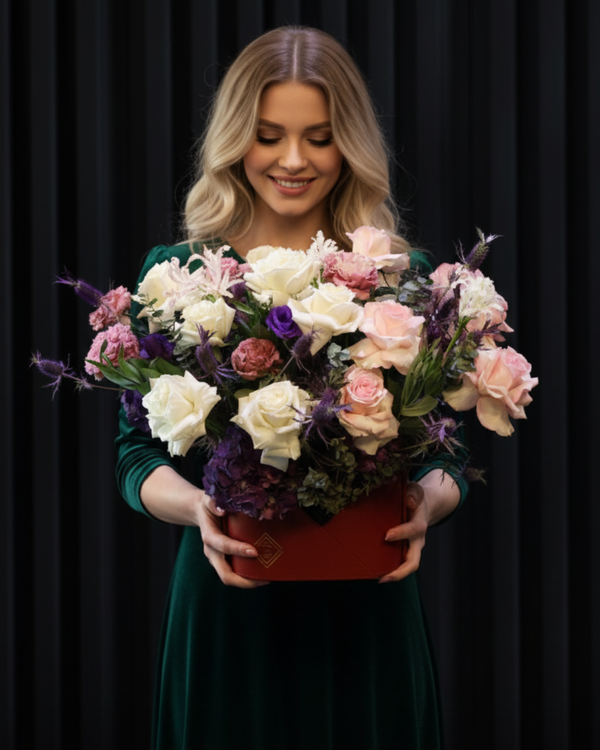 Signature Red Bag with Pastel Roses & Hydrangea