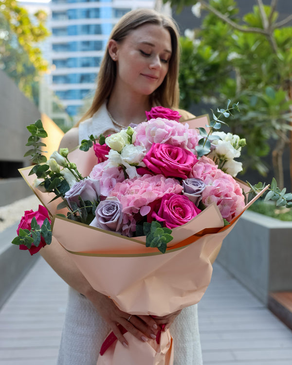 Luxury Pink & Purple Rose Bouquet with Hydrangea and Lisianthus