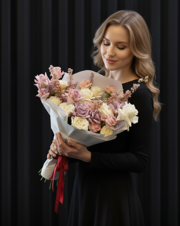 Rosé Cascade – Mixed Roses & Pink Delphinium Bouquet