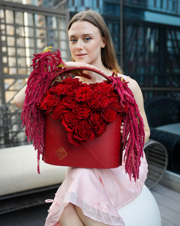 Signature Red Bag with Ecuadorian Roses & Amaranthus