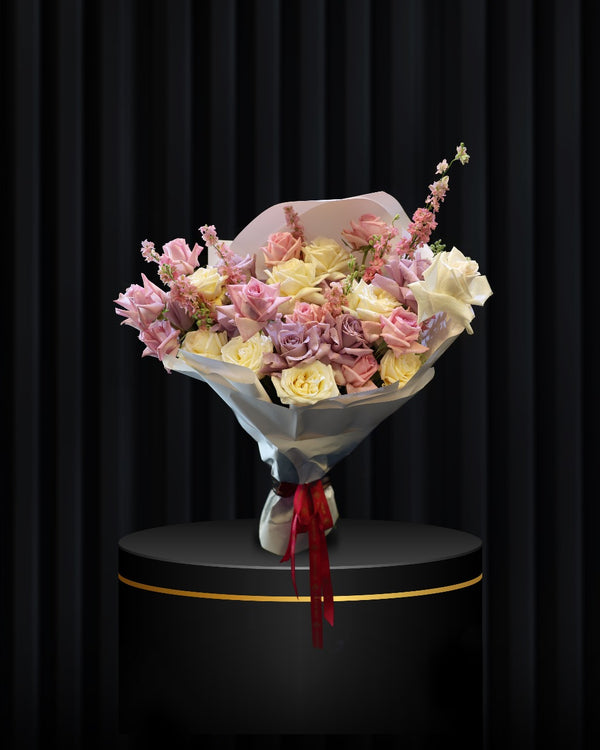 Rosé Cascade – Mixed Roses & Pink Delphinium Bouquet
