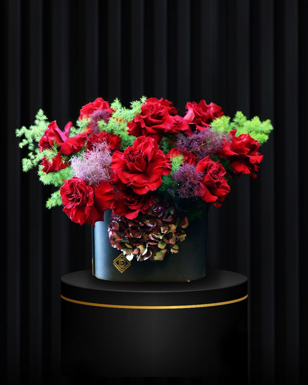 Signature Black Leather Bag with Roses & Hydrangea