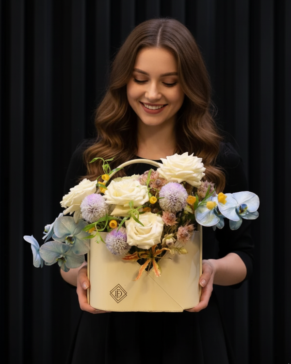 Celestial Bloom – White Leather Bag with Blue Orchids & Rainbow Chrysanthemums
