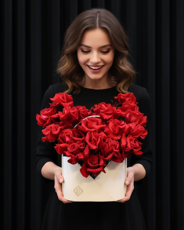 Scarlet Charm – White Leather Bag Flower Arrangement