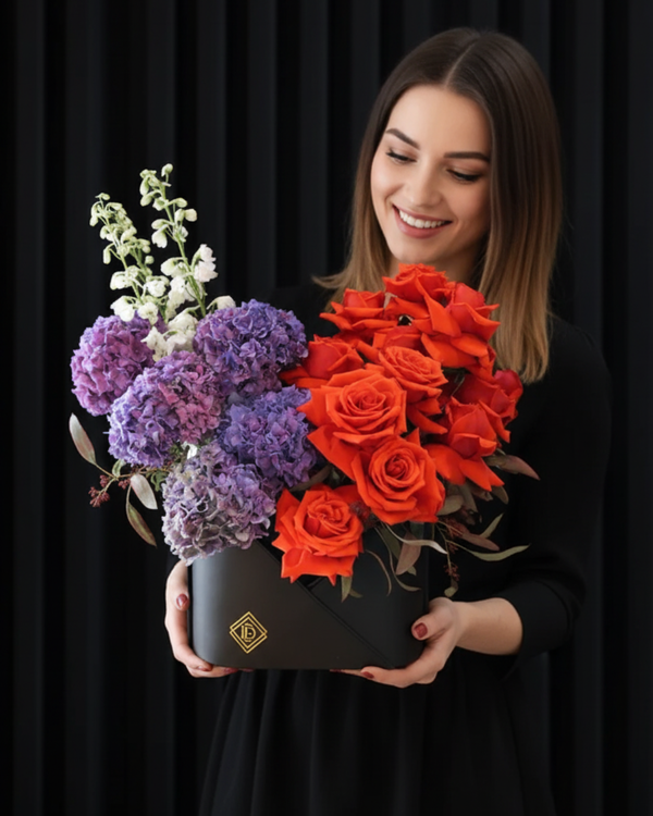 Crimson Elegance – Luxury Leather Bag Flower Arrangement