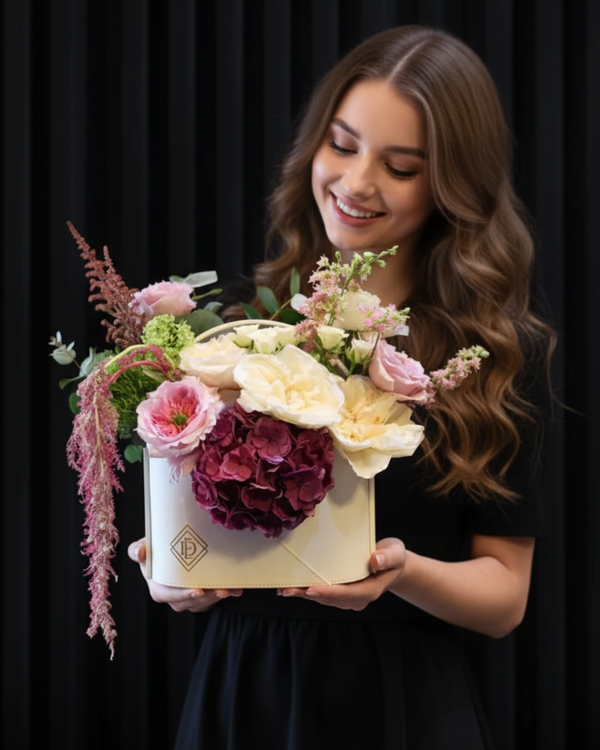 Floral Symphony – Signature Leather Bag with Purple Hydrangea & Garden Roses