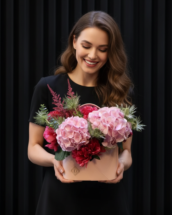Rose Mist – Signature Pink Leather Bag with Peonies & Astilbe