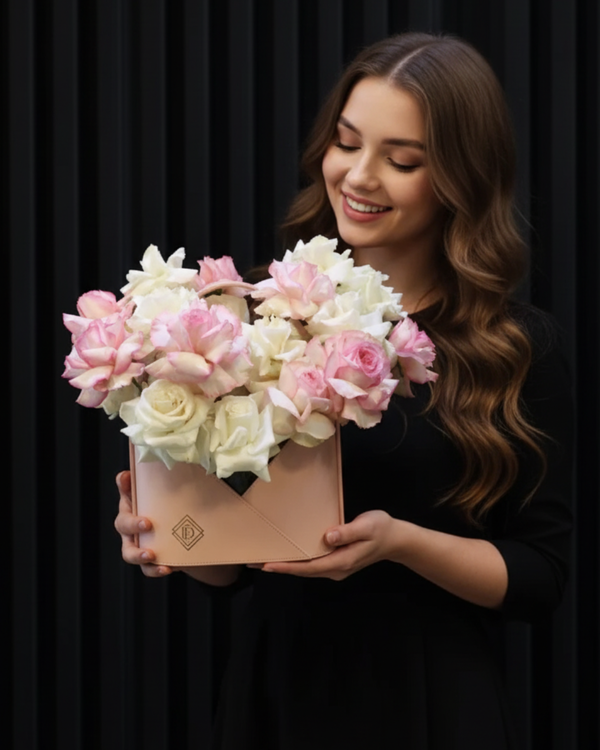 Eternal Grace – Pink Leather Floral Bag with Esperance & White Roses