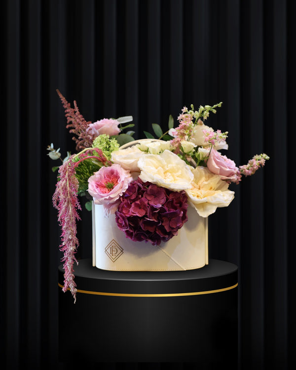 Floral Symphony – Signature Leather Bag with Purple Hydrangea & Garden Roses