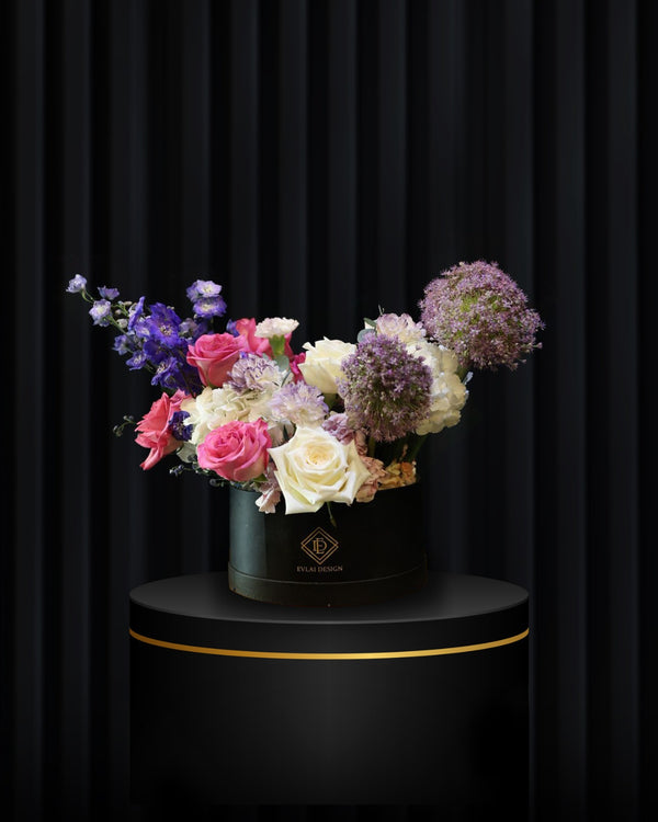 Purple Elegance – Mixed Flower Hatbox