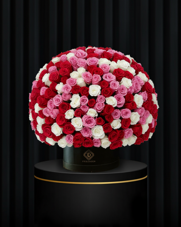 Luxury 365 Mixed Rose Hatbox (Red, White & Pink Roses)
