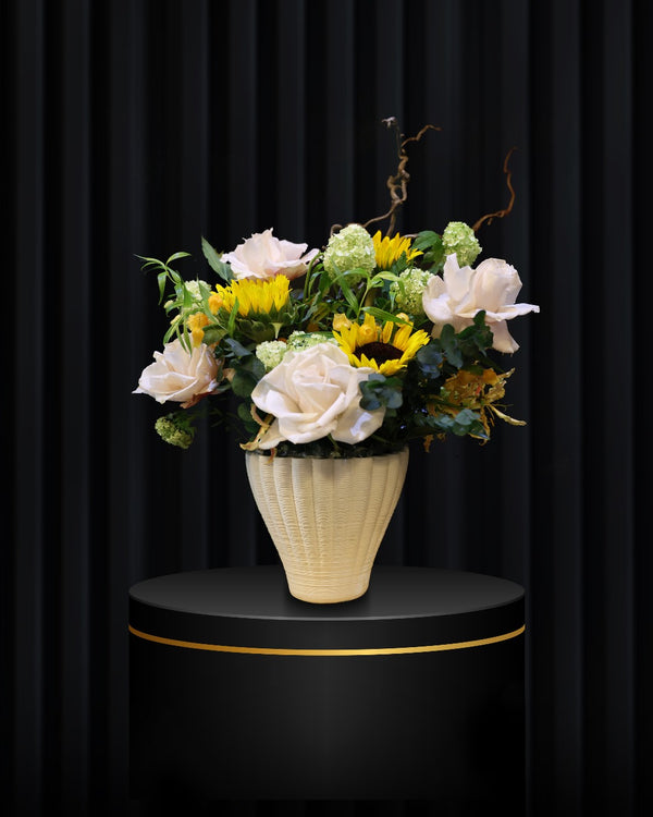 Golden Radiance – Artistic Vase Arrangement with Sunflowers & Gloriosa
